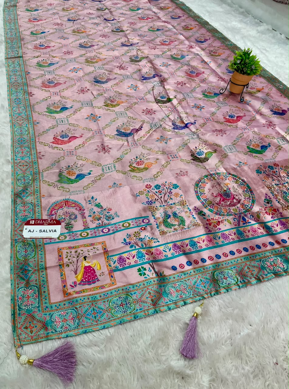 AJ-SALVIA SOFT SILK SAREE WITH BEAUTIFUL PEACOCK DESIGN ALL OVER BODY WITH JARKAN WORK WITH TASSELS AND PRINTED BLOUSE