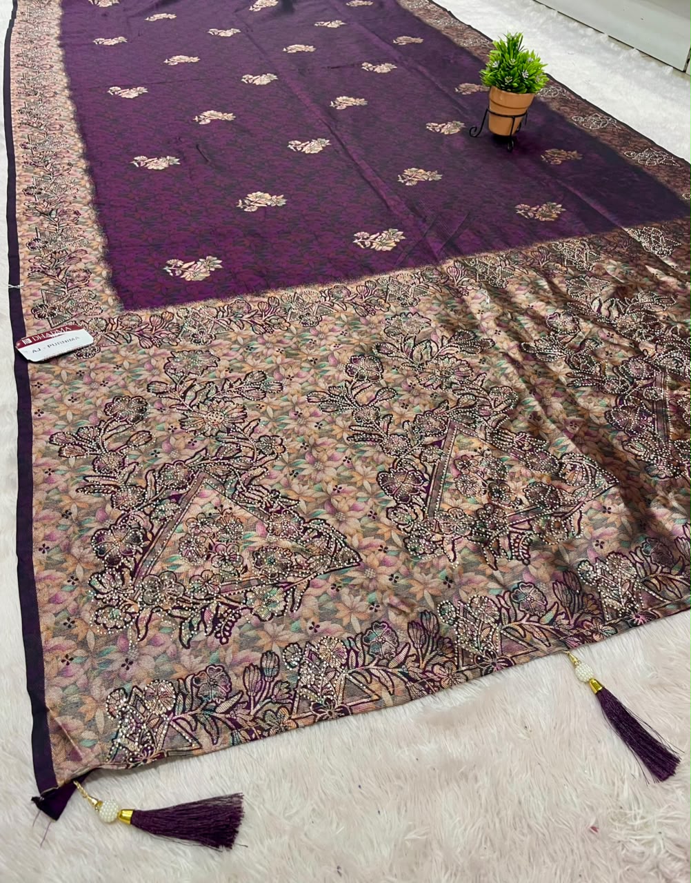 AJ-PURNIMA SOFT SILK FABRIC SAREE WITH HEAVY RICH PALU DESIGN WITH BEAUTIFUL FLORAL PRINT ALL OVER ON SAREE WITH JARKAN WORK WITH TASSELS