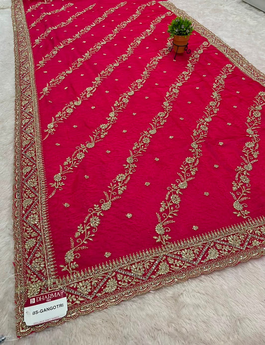 BS-GANGOTRI SATIN FABRIC SAREE WITH HEAVY EMBROIDERY WORK WITH BEAUTIFUL DESIGN WITH HEAVU LEHARIYA DESIGN WITH HEAVY BLOUSE