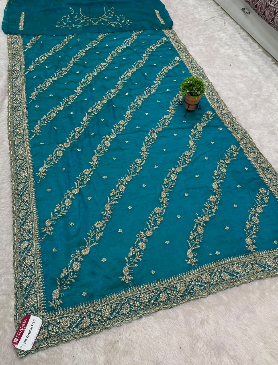 BS-GANGOTRI SATIN FABRIC SAREE WITH HEAVY EMBROIDERY WORK WITH BEAUTIFUL DESIGN WITH HEAVU LEHARIYA DESIGN WITH HEAVY BLOUSE