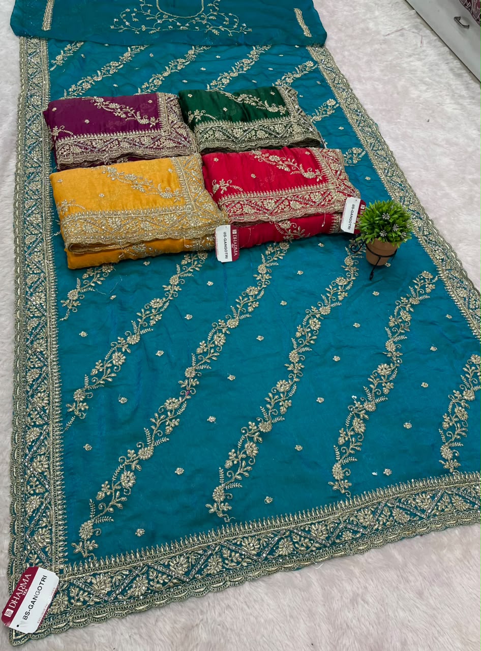 BS-GANGOTRI SATIN FABRIC SAREE WITH HEAVY EMBROIDERY WORK WITH BEAUTIFUL DESIGN WITH HEAVU LEHARIYA DESIGN WITH HEAVY BLOUSE