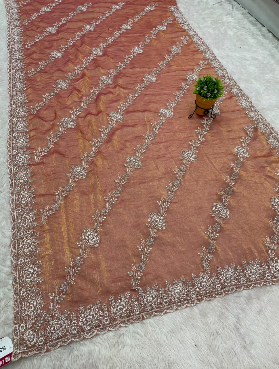 BS-AKASH FANCY FABRIC SAREE WITH HEAVY THREAD EMBROIDERY WITH SEQUENCE AND ELEGANT DIAGONAL FLORAL PATTERN ALL OVER SAREE WITH RICH EMBROIDERED SCALLOP BORDER WITH MATCHING DESIGNER BLOUSE WITH EMBROIDERY WORK