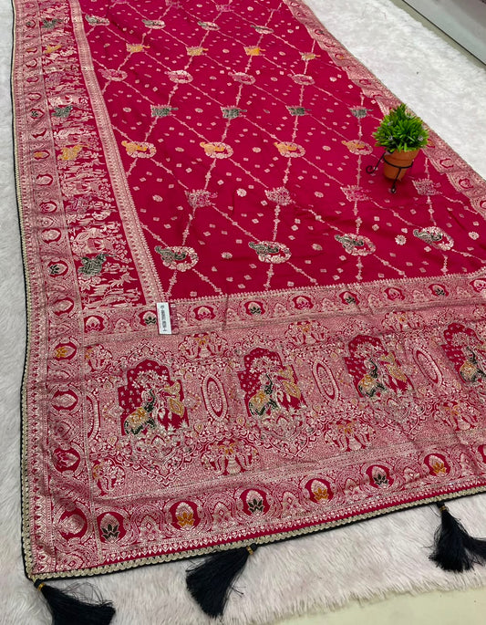 RD-ANARKALI MEENA-6 FANCY D DOLA SILK FABRIC SAREE WITH BEAUTIFUL RICH PALLU DESIGN WWITH HEAVY JARKAN WORK WITH BEAUTFUL PEAOCK DESIGN WITH BLOUSE