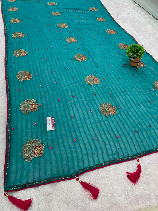 RD-PATERN SILKY FANCY PATTERN FABRIC SAREE WITH  BEAUTIFUL DESIGN WITH EMBROIDERY WORK WITH BEAUTIFUL PEACOCK DESIGN WITH PIPING AND LATKAN WITH BLOUSE