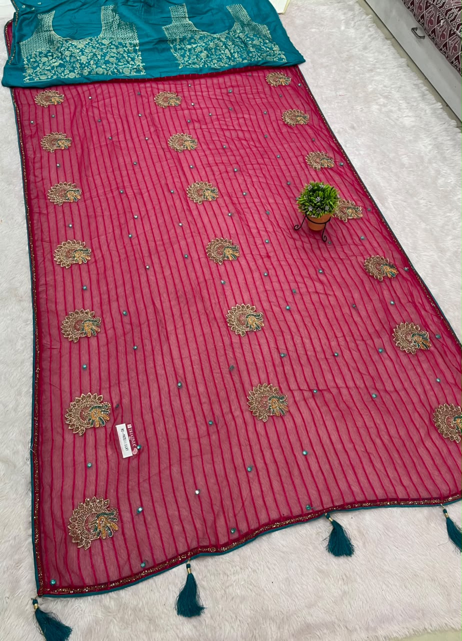 RD-PATERN SILKY FANCY PATTERN FABRIC SAREE WITH  BEAUTIFUL DESIGN WITH EMBROIDERY WORK WITH BEAUTIFUL PEACOCK DESIGN WITH PIPING AND LATKAN WITH BLOUSE
