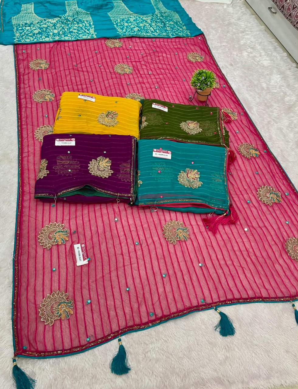 RD-PATERN SILKY FANCY PATTERN FABRIC SAREE WITH  BEAUTIFUL DESIGN WITH EMBROIDERY WORK WITH BEAUTIFUL PEACOCK DESIGN WITH PIPING AND LATKAN WITH BLOUSE