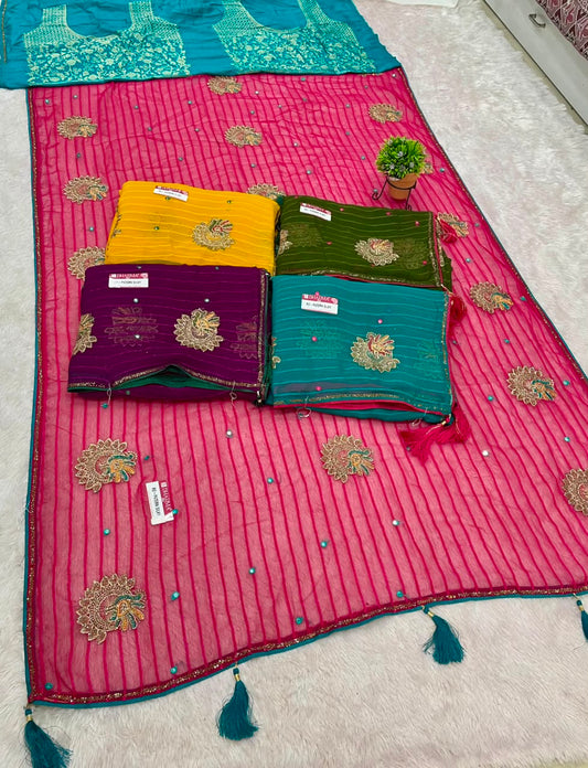 RD-PATERN SILKY FANCY PATTERN FABRIC SAREE WITH  BEAUTIFUL DESIGN WITH EMBROIDERY WORK WITH BEAUTIFUL PEACOCK DESIGN WITH PIPING AND LATKAN WITH BLOUSE