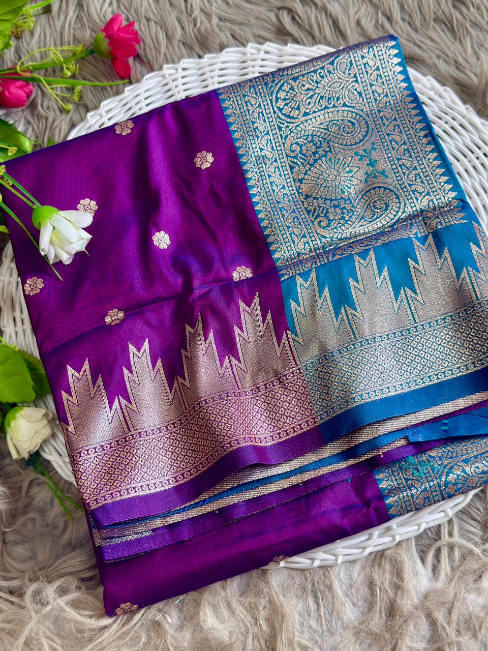 SA-5101 SOFT SIK FABRIC SAREE WITH HEAVY DESIGNER ZARI WOVEN PALLU WITH PEACOCK & FLORAL MOTIFS WITH RICH GOLD ZARI WEAVING WITH FLORAL BUTTI DESIGN WITH CONTRAST ZARI WOVEN TEMPLE BORDER