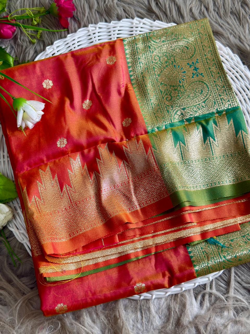 SA-5101 SOFT SIK FABRIC SAREE WITH HEAVY DESIGNER ZARI WOVEN PALLU WITH PEACOCK & FLORAL MOTIFS WITH RICH GOLD ZARI WEAVING WITH FLORAL BUTTI DESIGN WITH CONTRAST ZARI WOVEN TEMPLE BORDER