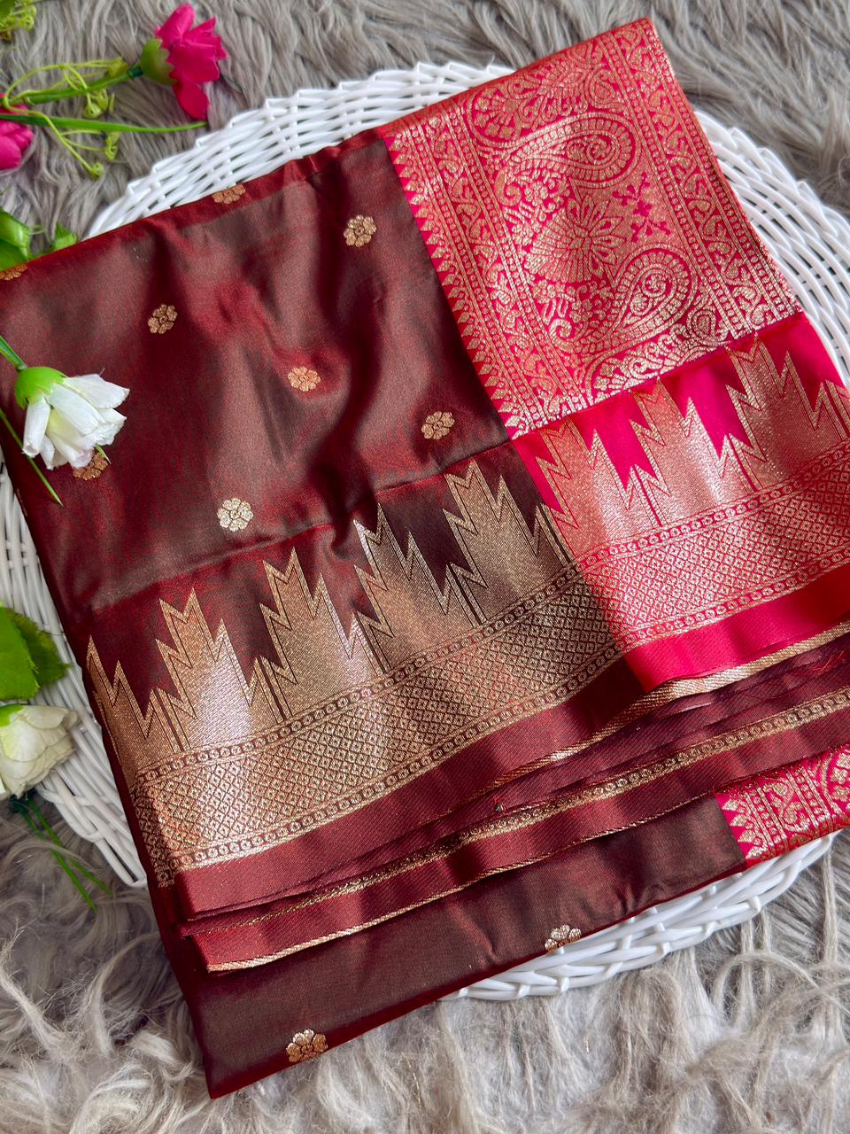 SA-5101 SOFT SIK FABRIC SAREE WITH HEAVY DESIGNER ZARI WOVEN PALLU WITH PEACOCK & FLORAL MOTIFS WITH RICH GOLD ZARI WEAVING WITH FLORAL BUTTI DESIGN WITH CONTRAST ZARI WOVEN TEMPLE BORDER