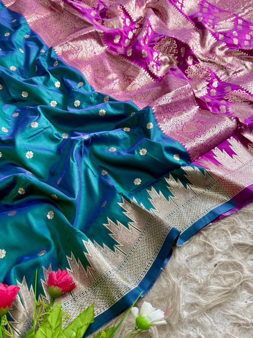 SA-5101 SOFT SIK FABRIC SAREE WITH HEAVY DESIGNER ZARI WOVEN PALLU WITH PEACOCK & FLORAL MOTIFS WITH RICH GOLD ZARI WEAVING WITH FLORAL BUTTI DESIGN WITH CONTRAST ZARI WOVEN TEMPLE BORDER