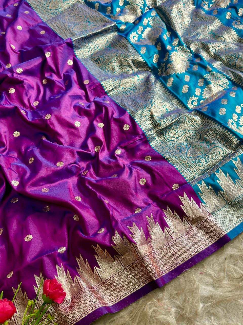 SA-5101 SOFT SIK FABRIC SAREE WITH HEAVY DESIGNER ZARI WOVEN PALLU WITH PEACOCK & FLORAL MOTIFS WITH RICH GOLD ZARI WEAVING WITH FLORAL BUTTI DESIGN WITH CONTRAST ZARI WOVEN TEMPLE BORDER