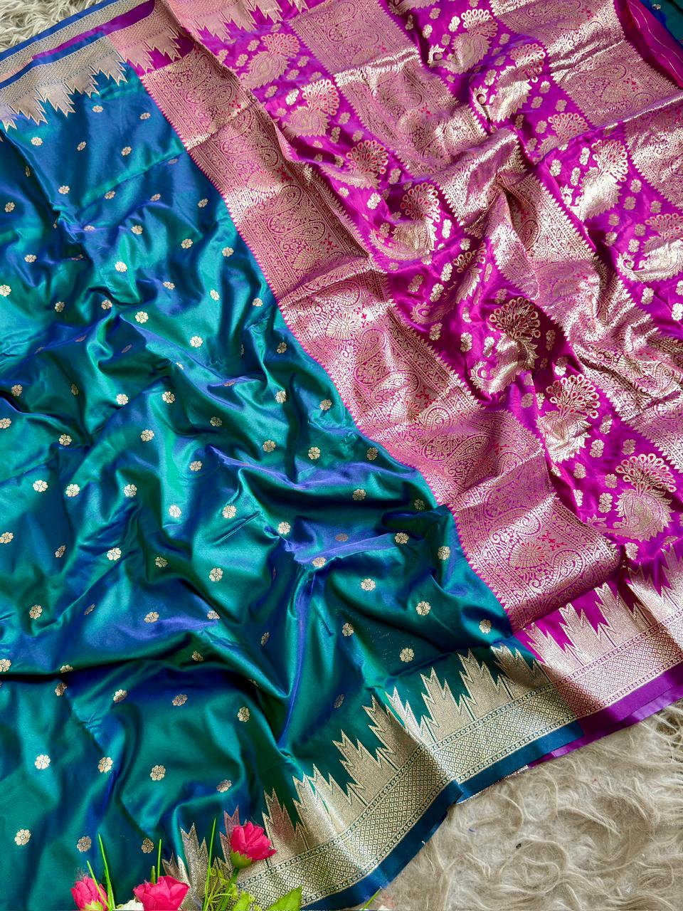 SA-5101 SOFT SIK FABRIC SAREE WITH HEAVY DESIGNER ZARI WOVEN PALLU WITH PEACOCK & FLORAL MOTIFS WITH RICH GOLD ZARI WEAVING WITH FLORAL BUTTI DESIGN WITH CONTRAST ZARI WOVEN TEMPLE BORDER