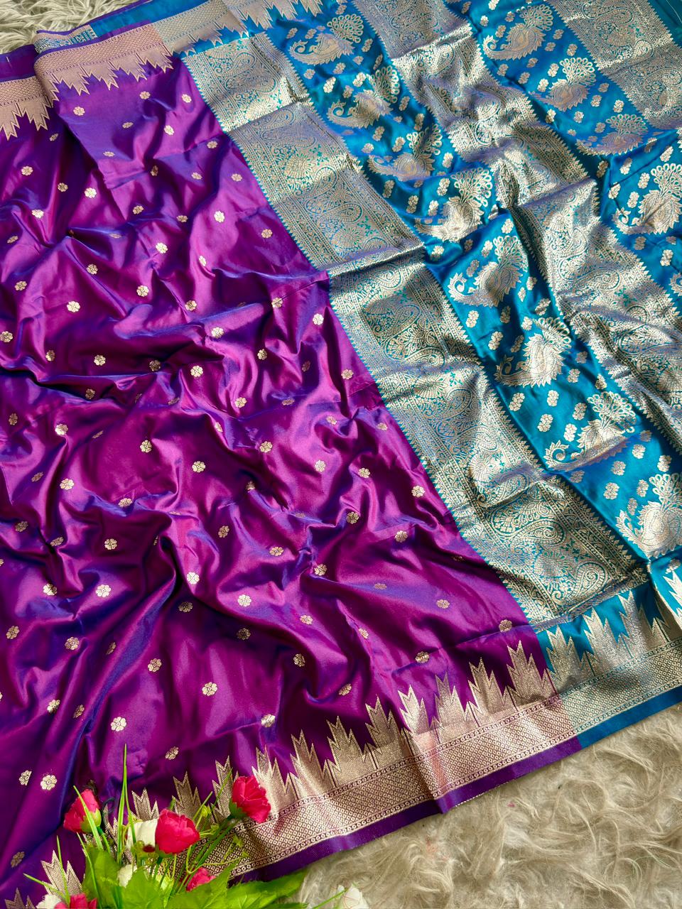 SA-5101 SOFT SIK FABRIC SAREE WITH HEAVY DESIGNER ZARI WOVEN PALLU WITH PEACOCK & FLORAL MOTIFS WITH RICH GOLD ZARI WEAVING WITH FLORAL BUTTI DESIGN WITH CONTRAST ZARI WOVEN TEMPLE BORDER