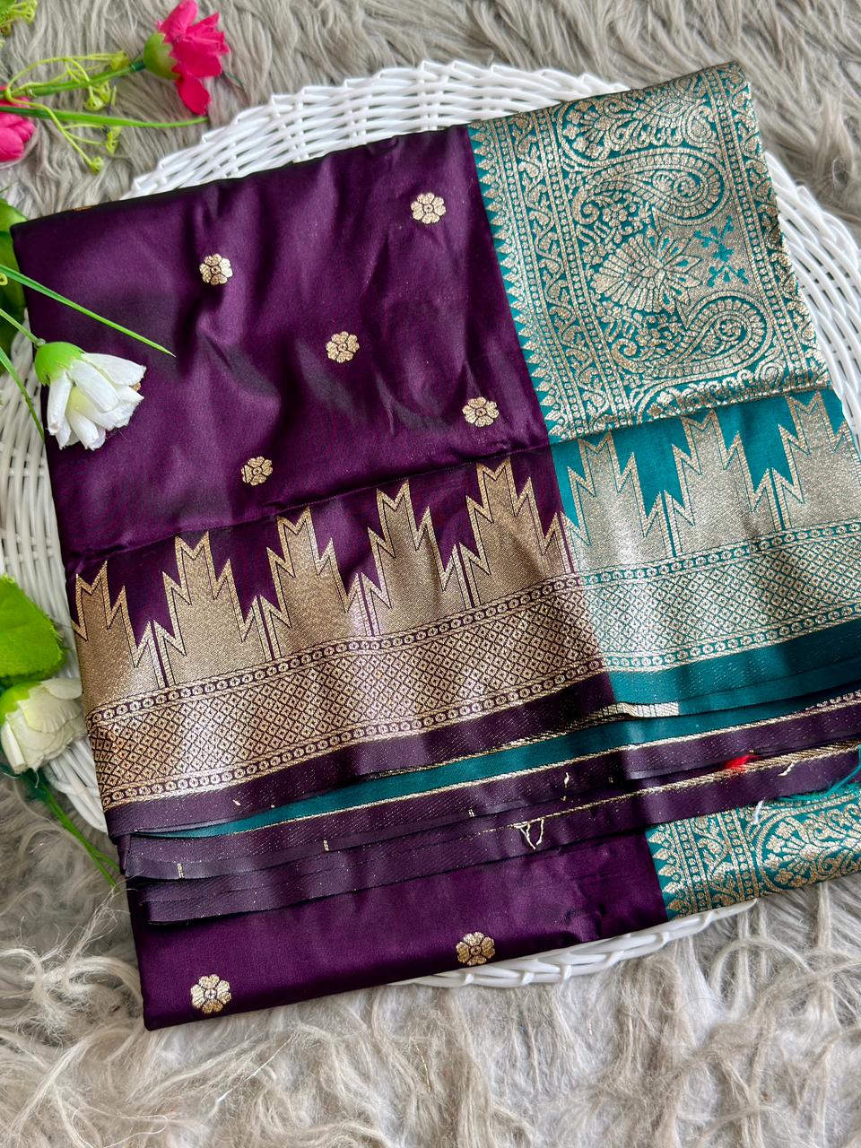 SA-5101 SOFT SIK FABRIC SAREE WITH HEAVY DESIGNER ZARI WOVEN PALLU WITH PEACOCK & FLORAL MOTIFS WITH RICH GOLD ZARI WEAVING WITH FLORAL BUTTI DESIGN WITH CONTRAST ZARI WOVEN TEMPLE BORDER