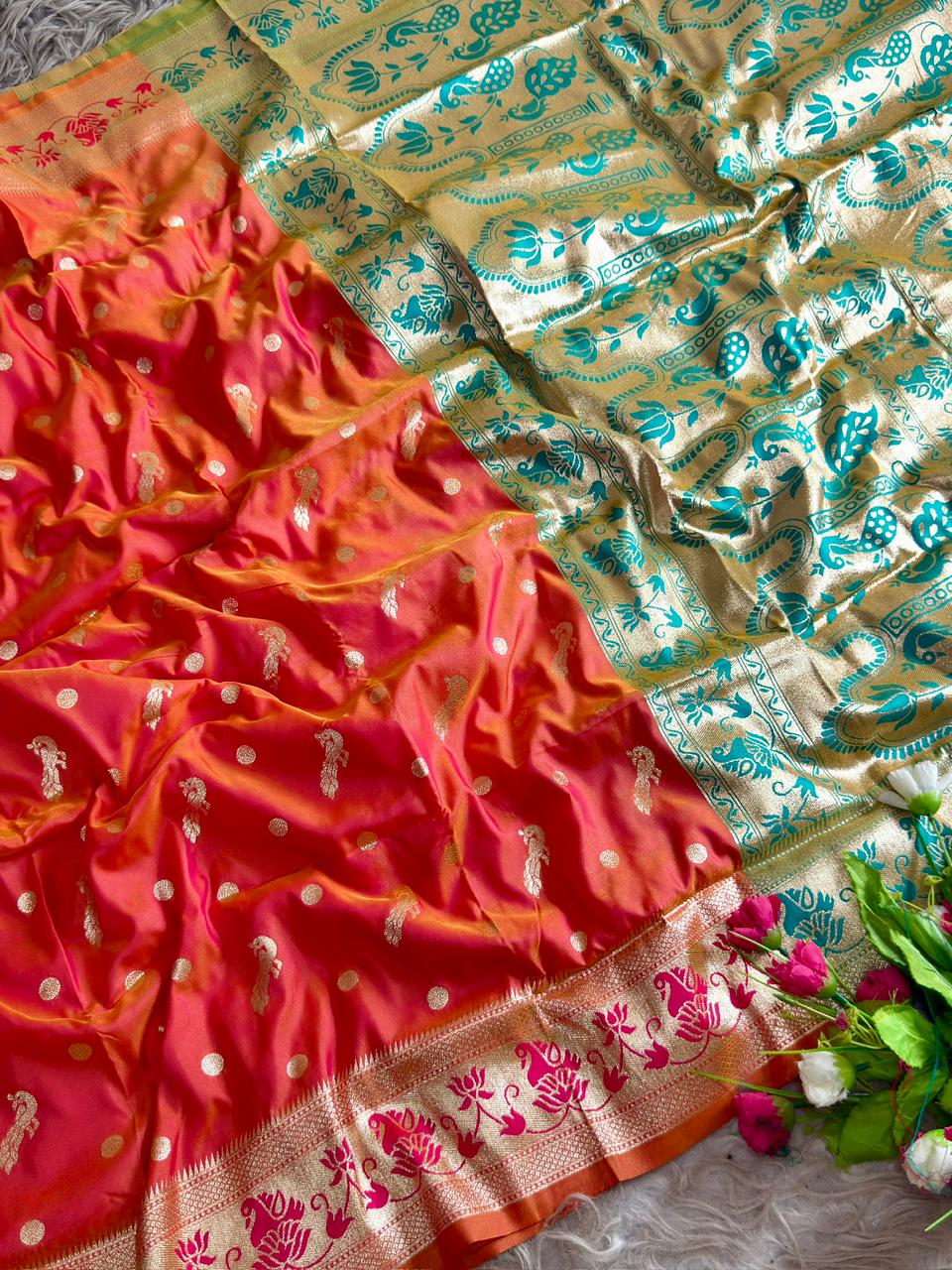 SA-5102 SOFT SILK FABRIC SAREE WITH BEAUTIFUL DESIGN WITH RICH GOLD ZARI BORDER WITH FLORAL DESIGN WITH CONTRAST DESIGNER WOVEN PALLU