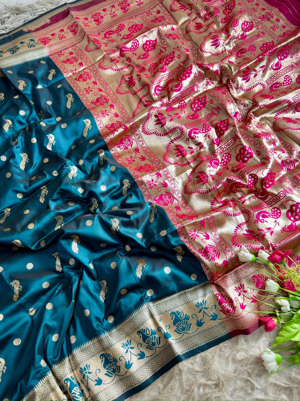 SA-5102 SOFT SILK FABRIC SAREE WITH BEAUTIFUL DESIGN WITH RICH GOLD ZARI BORDER WITH FLORAL DESIGN WITH CONTRAST DESIGNER WOVEN PALLU