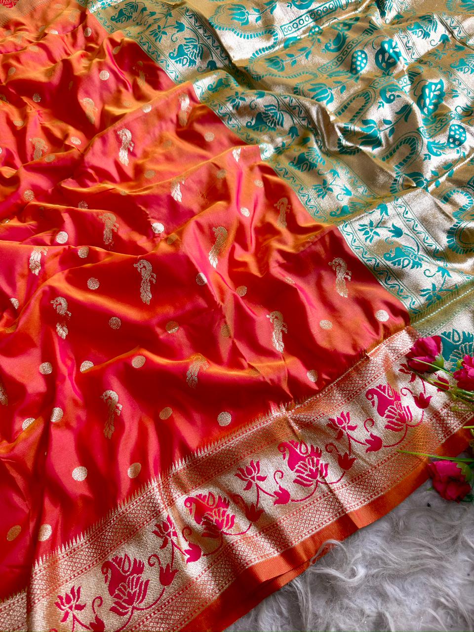SA-5102 SOFT SILK FABRIC SAREE WITH BEAUTIFUL DESIGN WITH RICH GOLD ZARI BORDER WITH FLORAL DESIGN WITH CONTRAST DESIGNER WOVEN PALLU