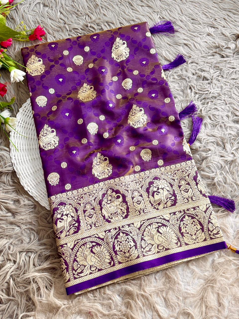 SA-5103 SOFT SILK FABRIC SAREE WITH NTRICATE GOLD ZARI WOVEN BUTA MOTIFS WITH BEAUTIFUL GAJRAJ DESIGN WITH HEAVY TRADITIONAL GOLD ZARI DESIGNER BORDER AND RICH GOLD ZARI PALLU WITH TRADITIONAL WEAVING