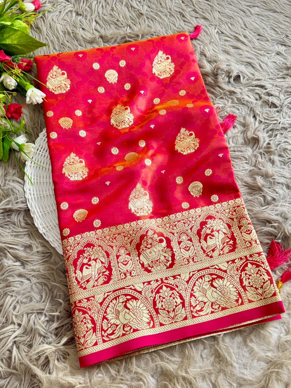 SA-5103 SOFT SILK FABRIC SAREE WITH NTRICATE GOLD ZARI WOVEN BUTA MOTIFS WITH BEAUTIFUL GAJRAJ DESIGN WITH HEAVY TRADITIONAL GOLD ZARI DESIGNER BORDER AND RICH GOLD ZARI PALLU WITH TRADITIONAL WEAVING