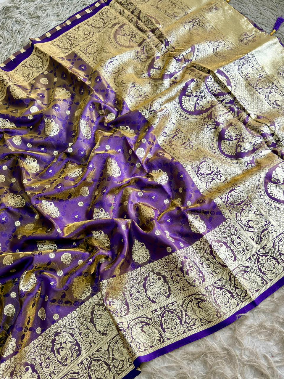 SA-5103 SOFT SILK FABRIC SAREE WITH NTRICATE GOLD ZARI WOVEN BUTA MOTIFS WITH BEAUTIFUL GAJRAJ DESIGN WITH HEAVY TRADITIONAL GOLD ZARI DESIGNER BORDER AND RICH GOLD ZARI PALLU WITH TRADITIONAL WEAVING