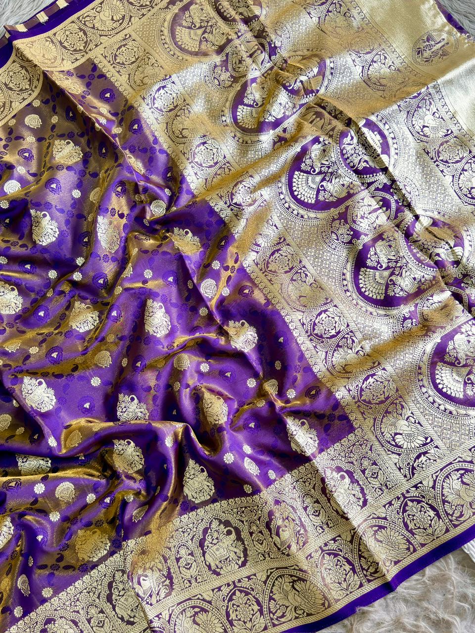 SA-5103 SOFT SILK FABRIC SAREE WITH NTRICATE GOLD ZARI WOVEN BUTA MOTIFS WITH BEAUTIFUL GAJRAJ DESIGN WITH HEAVY TRADITIONAL GOLD ZARI DESIGNER BORDER AND RICH GOLD ZARI PALLU WITH TRADITIONAL WEAVING