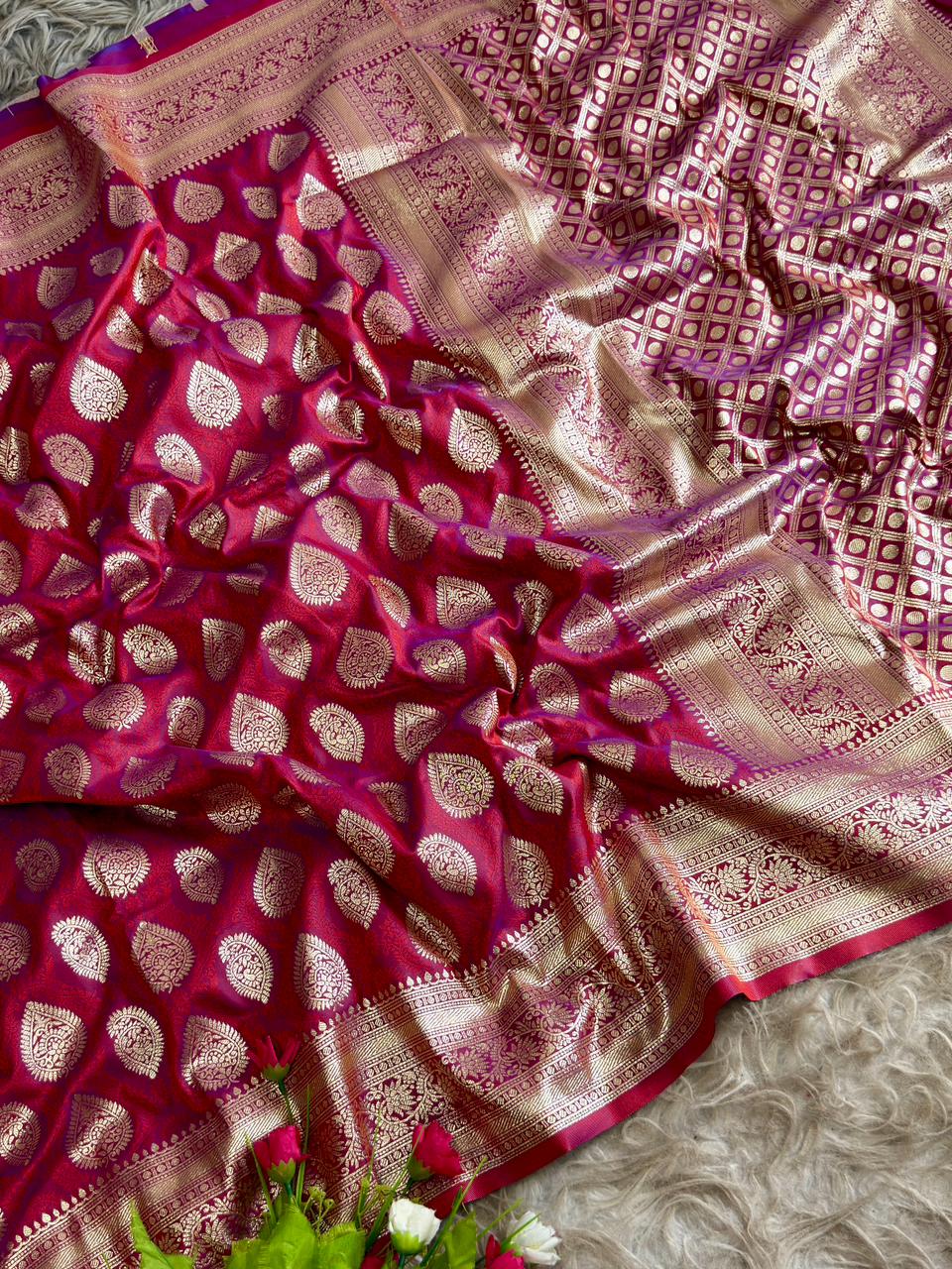 SA-5104 SOFT SILK FABRIC SAREE WITH RICH GOLD ZARI WOVEN BUTA MOTIFS WITH HEAVY TRADITIONAL GOLD ZARI BORDER WITH LEGANT CHECKERED ZARI PALLU