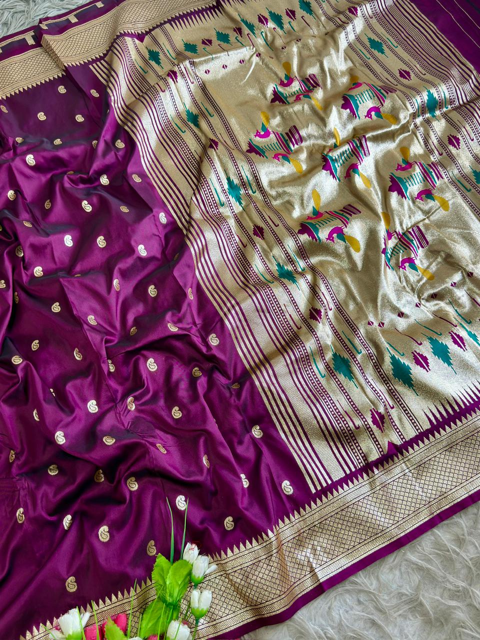 SA-5106 SOFT SILK FABRIC SAREE WITH RICH GOLD ZARI WEAVING WITH TRADITIONAL PAISLEY BUTTIS WITH ALL OVER ZARI BUTTI WITH COLORFUL PEACOCK PALLU DESIGN AND HEAVY GOLD ZARI WOVEN DESIGNER BORDER