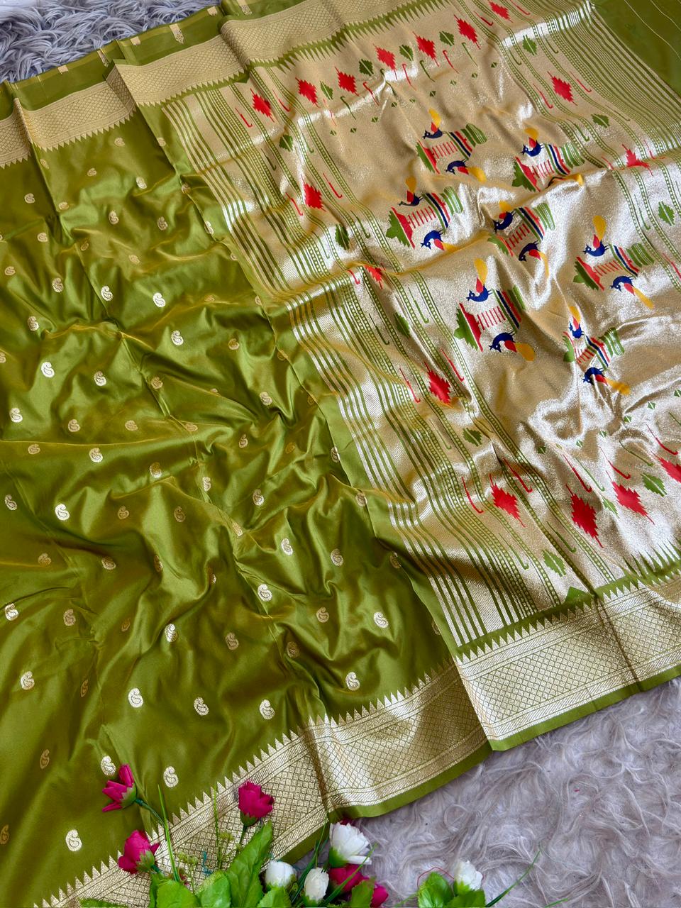 SA-5106 SOFT SILK FABRIC SAREE WITH RICH GOLD ZARI WEAVING WITH TRADITIONAL PAISLEY BUTTIS WITH ALL OVER ZARI BUTTI WITH COLORFUL PEACOCK PALLU DESIGN AND HEAVY GOLD ZARI WOVEN DESIGNER BORDER