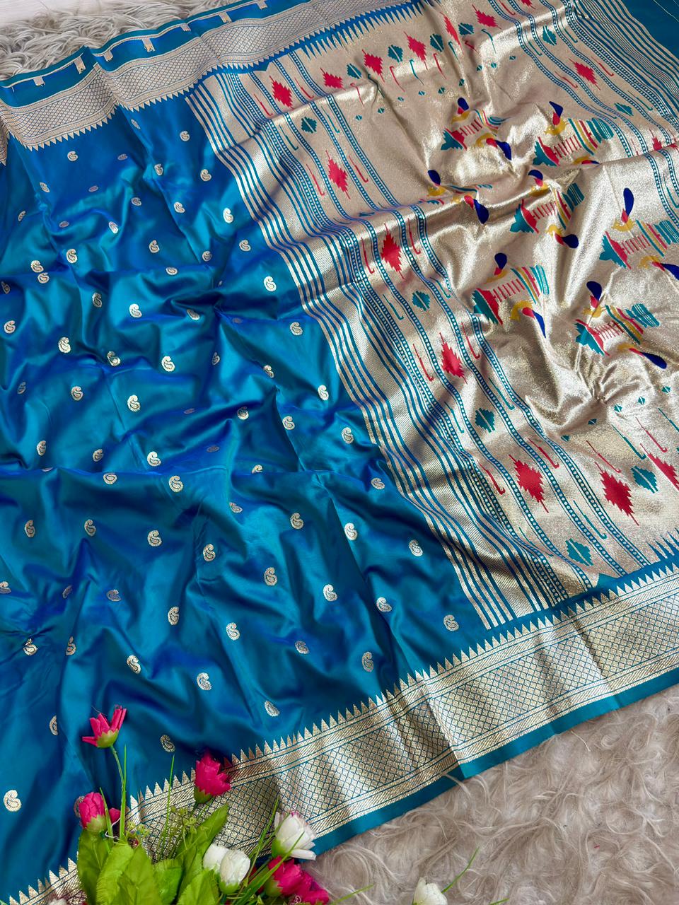 SA-5106 SOFT SILK FABRIC SAREE WITH RICH GOLD ZARI WEAVING WITH TRADITIONAL PAISLEY BUTTIS WITH ALL OVER ZARI BUTTI WITH COLORFUL PEACOCK PALLU DESIGN AND HEAVY GOLD ZARI WOVEN DESIGNER BORDER
