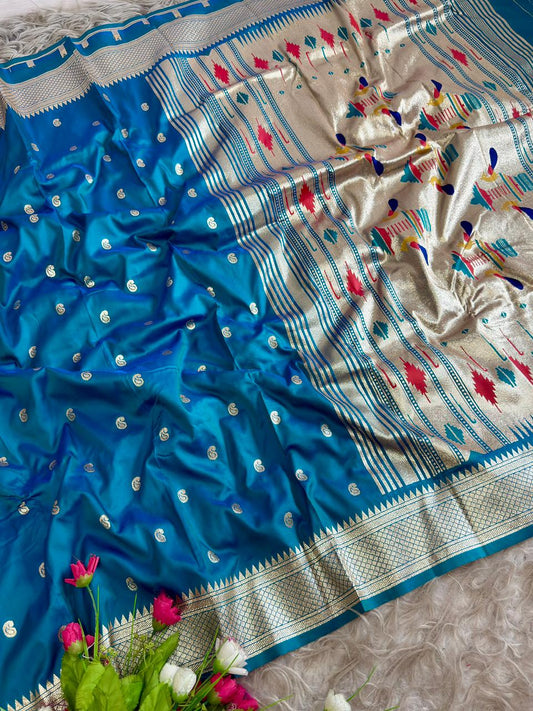 SA-5106 SOFT SILK FABRIC SAREE WITH RICH GOLD ZARI WEAVING WITH TRADITIONAL PAISLEY BUTTIS WITH ALL OVER ZARI BUTTI WITH COLORFUL PEACOCK PALLU DESIGN AND HEAVY GOLD ZARI WOVEN DESIGNER BORDER