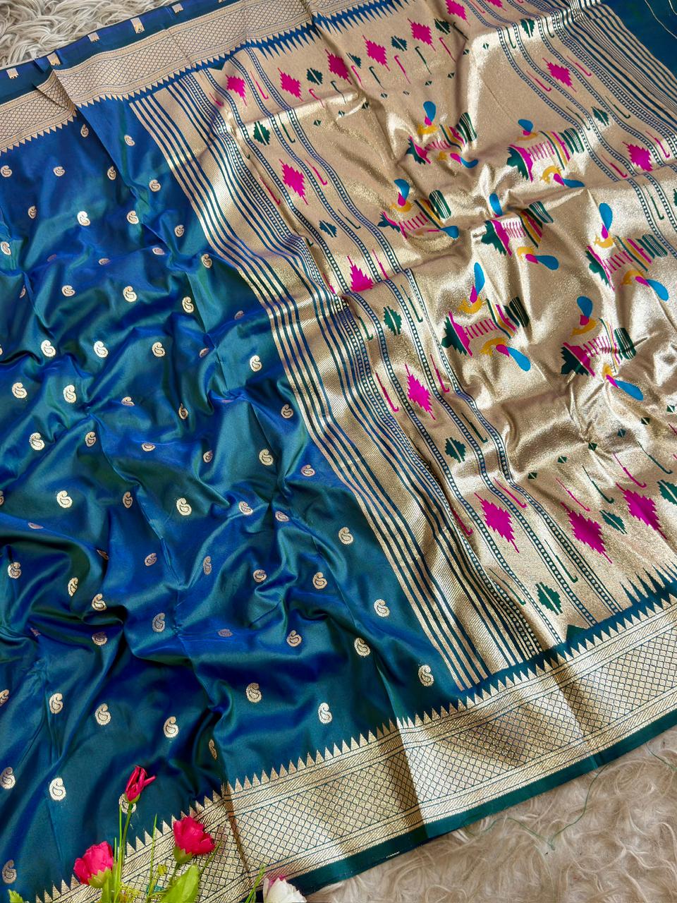 SA-5106 SOFT SILK FABRIC SAREE WITH RICH GOLD ZARI WEAVING WITH TRADITIONAL PAISLEY BUTTIS WITH ALL OVER ZARI BUTTI WITH COLORFUL PEACOCK PALLU DESIGN AND HEAVY GOLD ZARI WOVEN DESIGNER BORDER