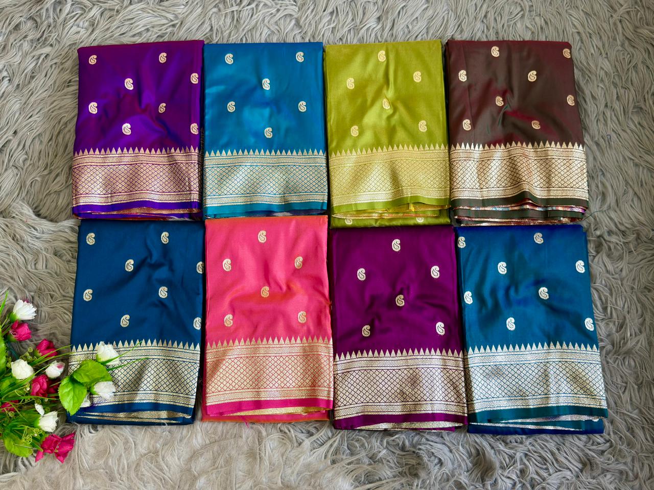 SA-5106 SOFT SILK FABRIC SAREE WITH RICH GOLD ZARI WEAVING WITH TRADITIONAL PAISLEY BUTTIS WITH ALL OVER ZARI BUTTI WITH COLORFUL PEACOCK PALLU DESIGN AND HEAVY GOLD ZARI WOVEN DESIGNER BORDER