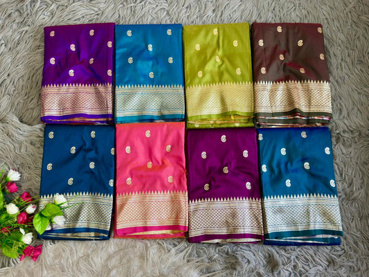SA-5106 SOFT SILK FABRIC SAREE WITH RICH GOLD ZARI WEAVING WITH TRADITIONAL PAISLEY BUTTIS WITH ALL OVER ZARI BUTTI WITH COLORFUL PEACOCK PALLU DESIGN AND HEAVY GOLD ZARI WOVEN DESIGNER BORDER