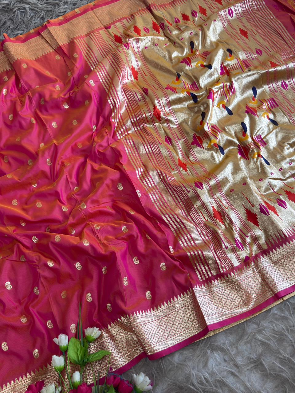 SA-5106 SOFT SILK FABRIC SAREE WITH RICH GOLD ZARI WEAVING WITH TRADITIONAL PAISLEY BUTTIS WITH ALL OVER ZARI BUTTI WITH COLORFUL PEACOCK PALLU DESIGN AND HEAVY GOLD ZARI WOVEN DESIGNER BORDER