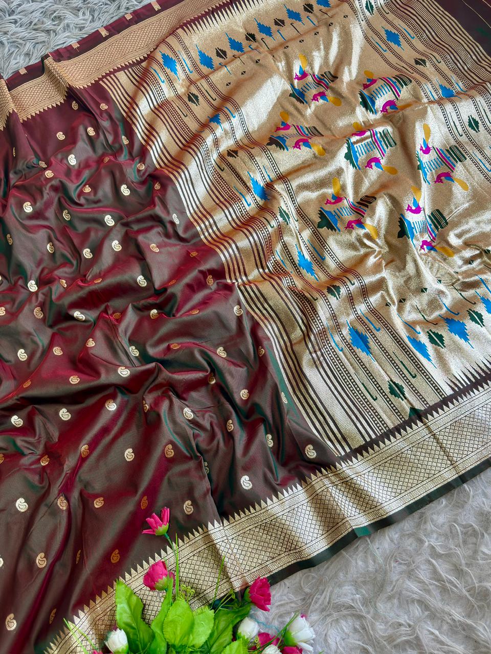 SA-5106 SOFT SILK FABRIC SAREE WITH RICH GOLD ZARI WEAVING WITH TRADITIONAL PAISLEY BUTTIS WITH ALL OVER ZARI BUTTI WITH COLORFUL PEACOCK PALLU DESIGN AND HEAVY GOLD ZARI WOVEN DESIGNER BORDER