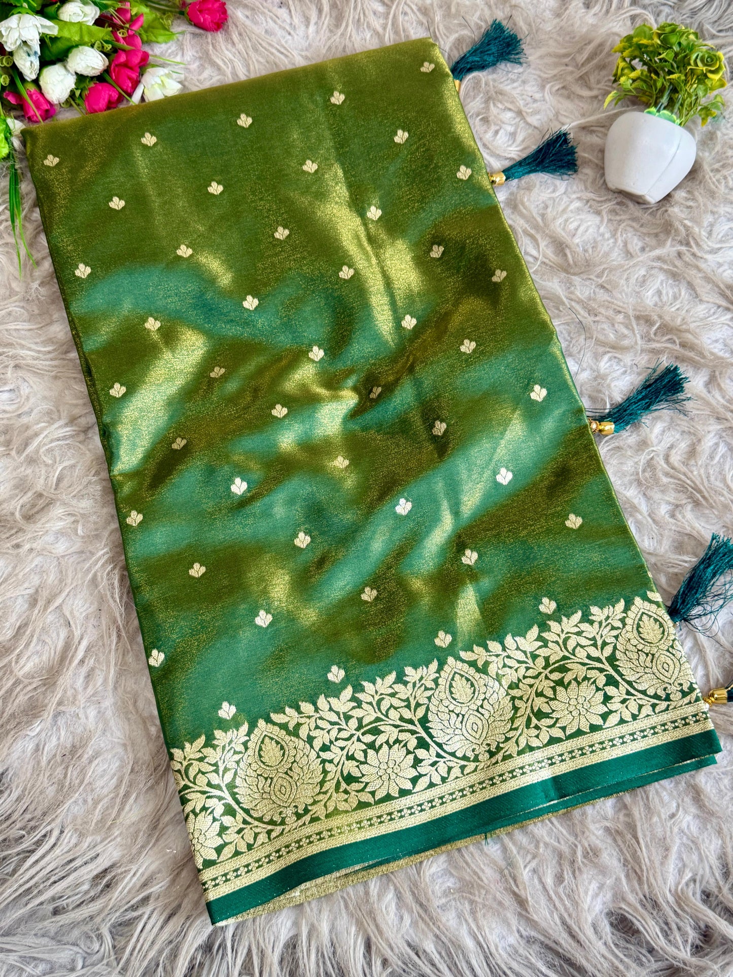 SA-5107 SOFT SILK FABRIC SAREE WITH RICH GOLD ZARI WEAVING WITH TRADITIONAL FLORAL & PEACOCK MOTIFS AND ALL OVER ZARI BUTTI WITH GRAND DESIGNER PALLU WITH HEAVY BANARASI GOLD ZARI BORDER