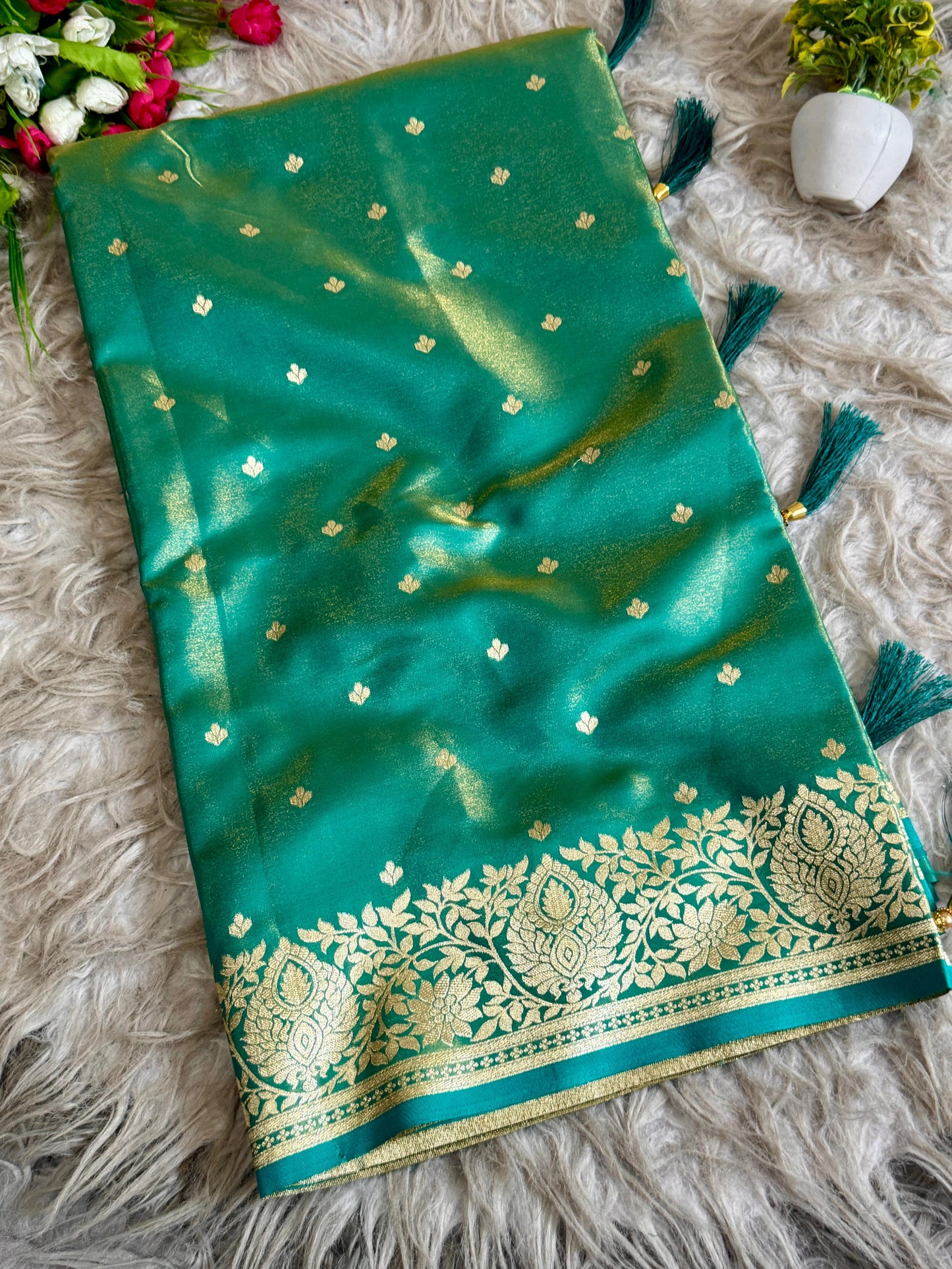 SA-5107 SOFT SILK FABRIC SAREE WITH RICH GOLD ZARI WEAVING WITH TRADITIONAL FLORAL & PEACOCK MOTIFS AND ALL OVER ZARI BUTTI WITH GRAND DESIGNER PALLU WITH HEAVY BANARASI GOLD ZARI BORDER