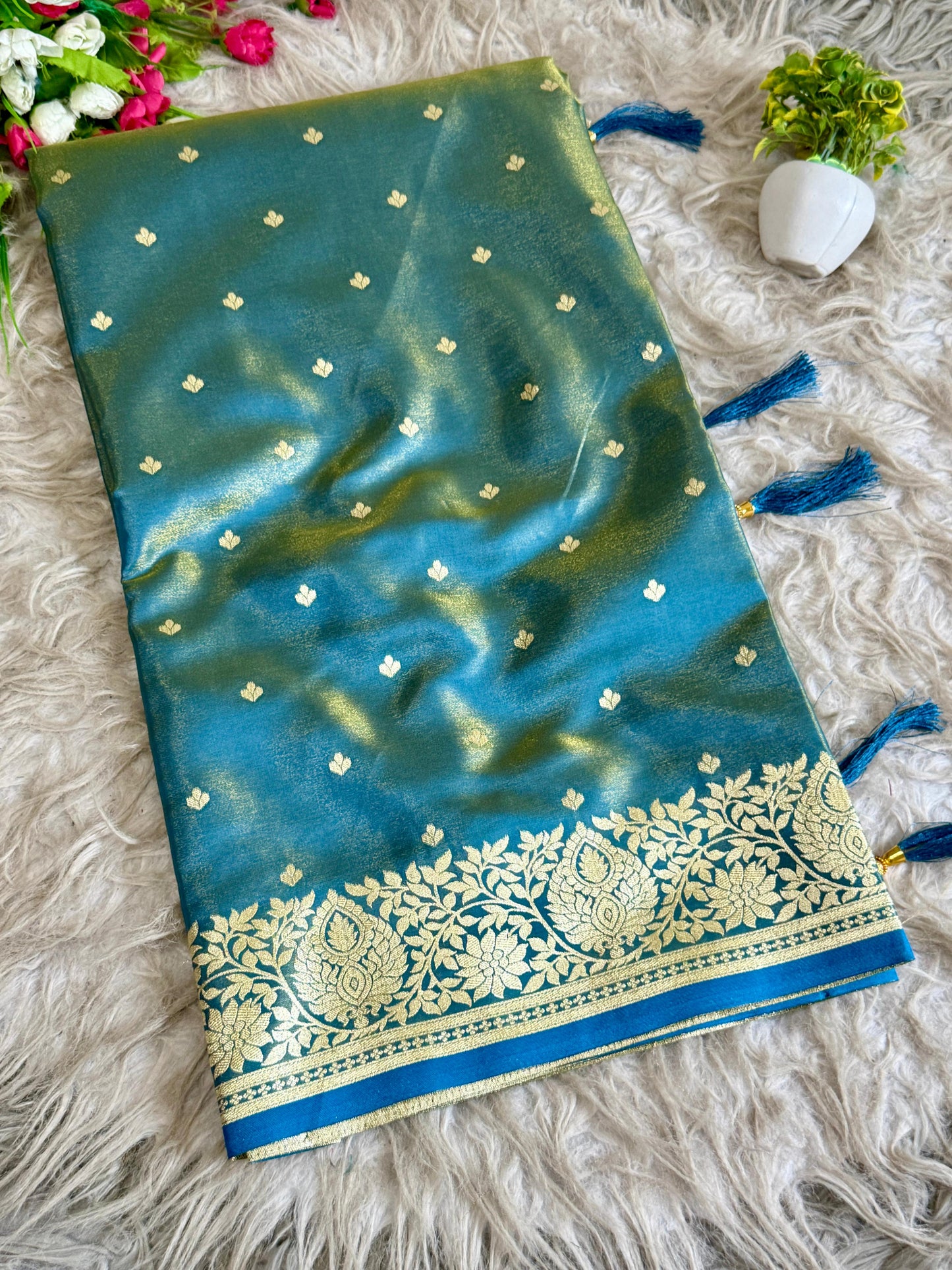 SA-5107 SOFT SILK FABRIC SAREE WITH RICH GOLD ZARI WEAVING WITH TRADITIONAL FLORAL & PEACOCK MOTIFS AND ALL OVER ZARI BUTTI WITH GRAND DESIGNER PALLU WITH HEAVY BANARASI GOLD ZARI BORDER