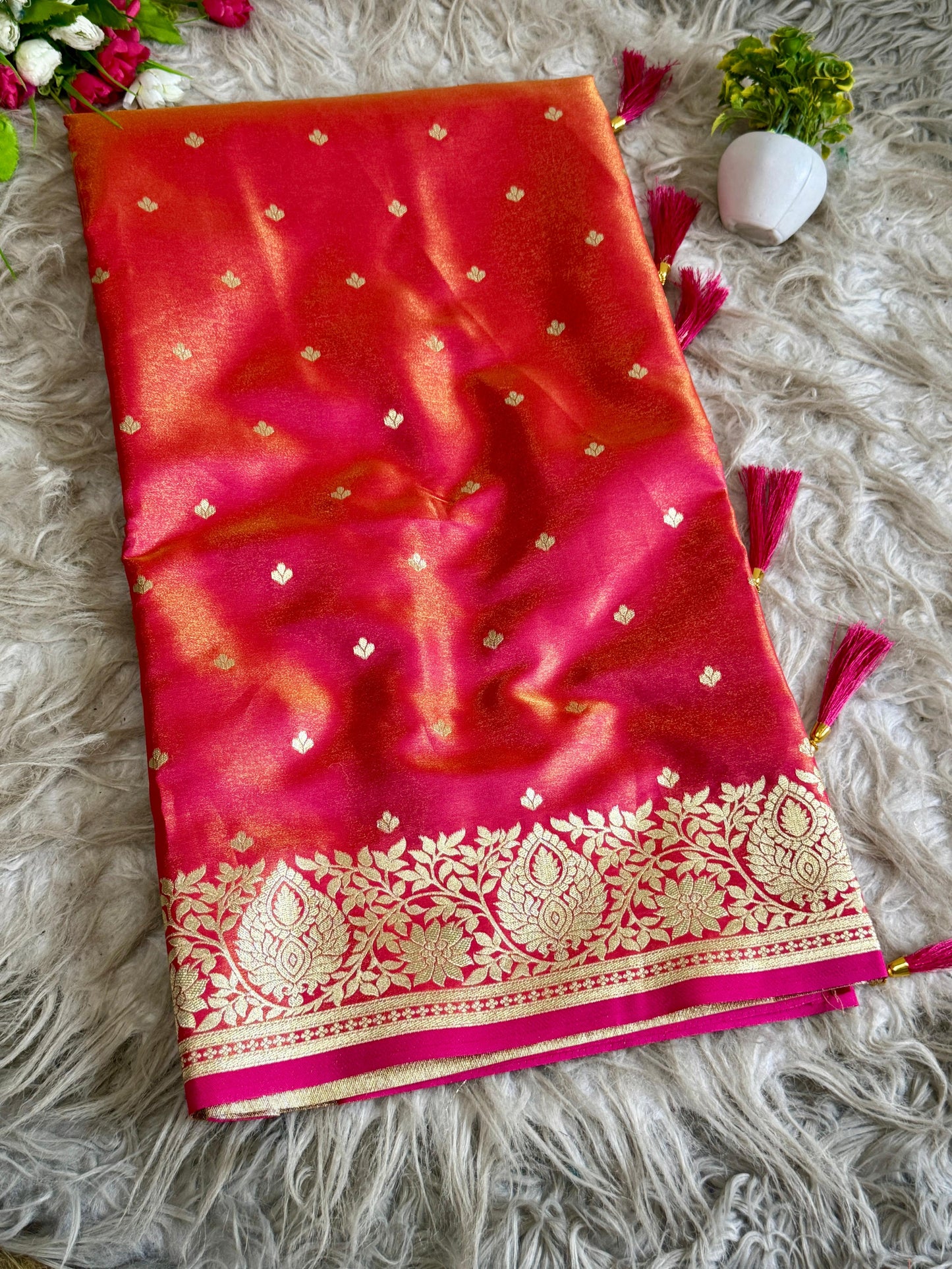 SA-5107 SOFT SILK FABRIC SAREE WITH RICH GOLD ZARI WEAVING WITH TRADITIONAL FLORAL & PEACOCK MOTIFS AND ALL OVER ZARI BUTTI WITH GRAND DESIGNER PALLU WITH HEAVY BANARASI GOLD ZARI BORDER