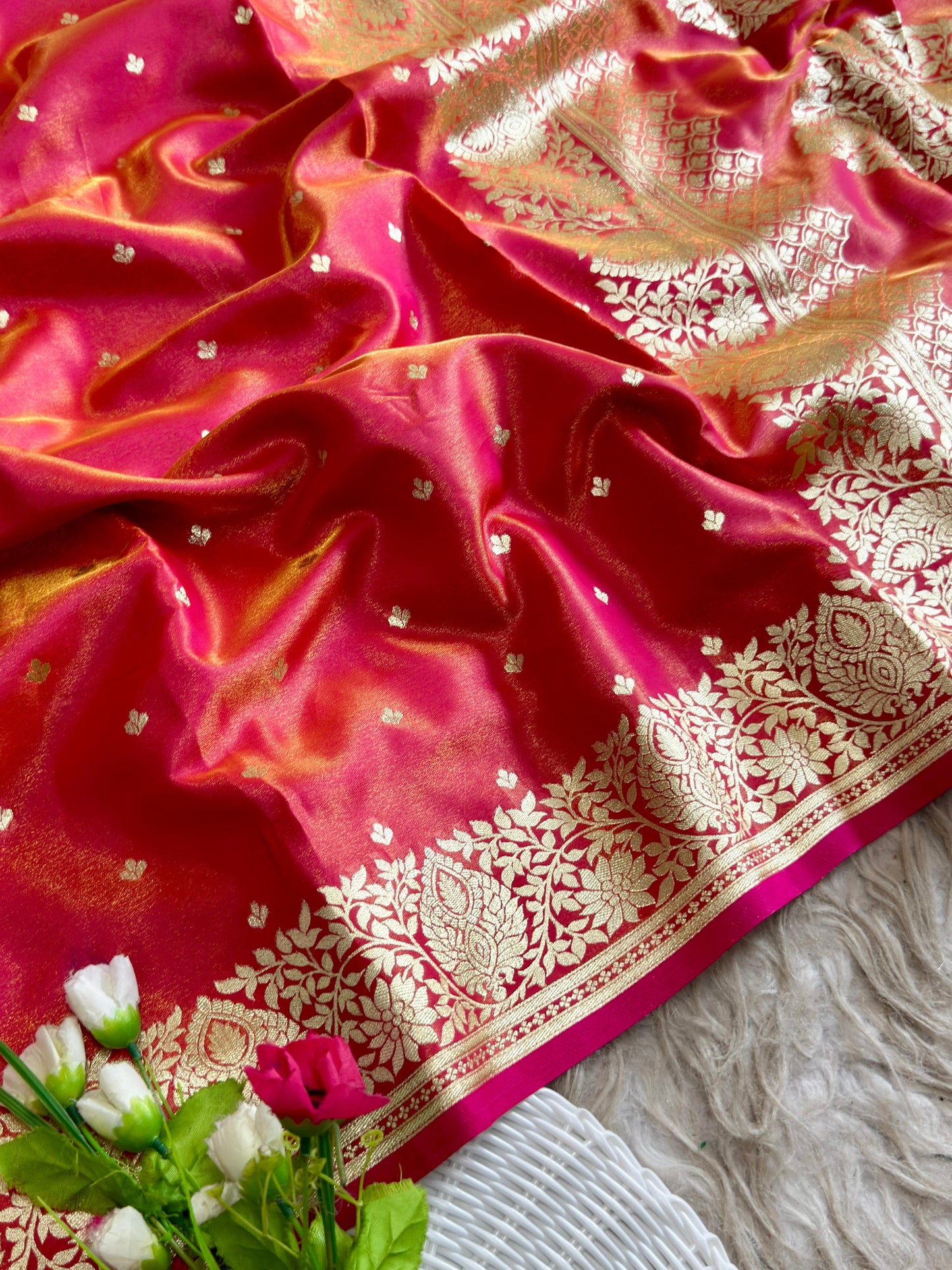 SA-5107 SOFT SILK FABRIC SAREE WITH RICH GOLD ZARI WEAVING WITH TRADITIONAL FLORAL & PEACOCK MOTIFS AND ALL OVER ZARI BUTTI WITH GRAND DESIGNER PALLU WITH HEAVY BANARASI GOLD ZARI BORDER
