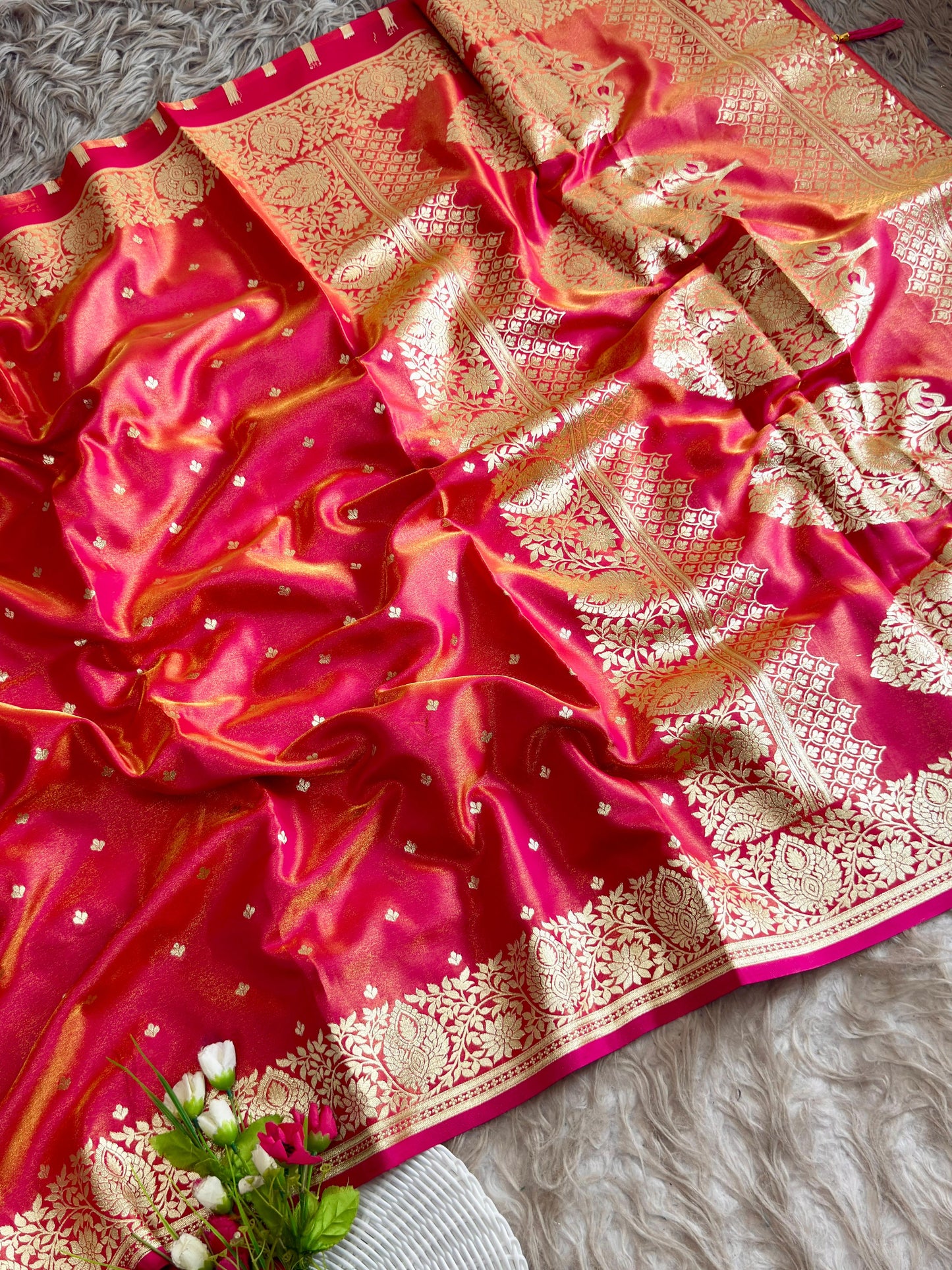 SA-5107 SOFT SILK FABRIC SAREE WITH RICH GOLD ZARI WEAVING WITH TRADITIONAL FLORAL & PEACOCK MOTIFS AND ALL OVER ZARI BUTTI WITH GRAND DESIGNER PALLU WITH HEAVY BANARASI GOLD ZARI BORDER