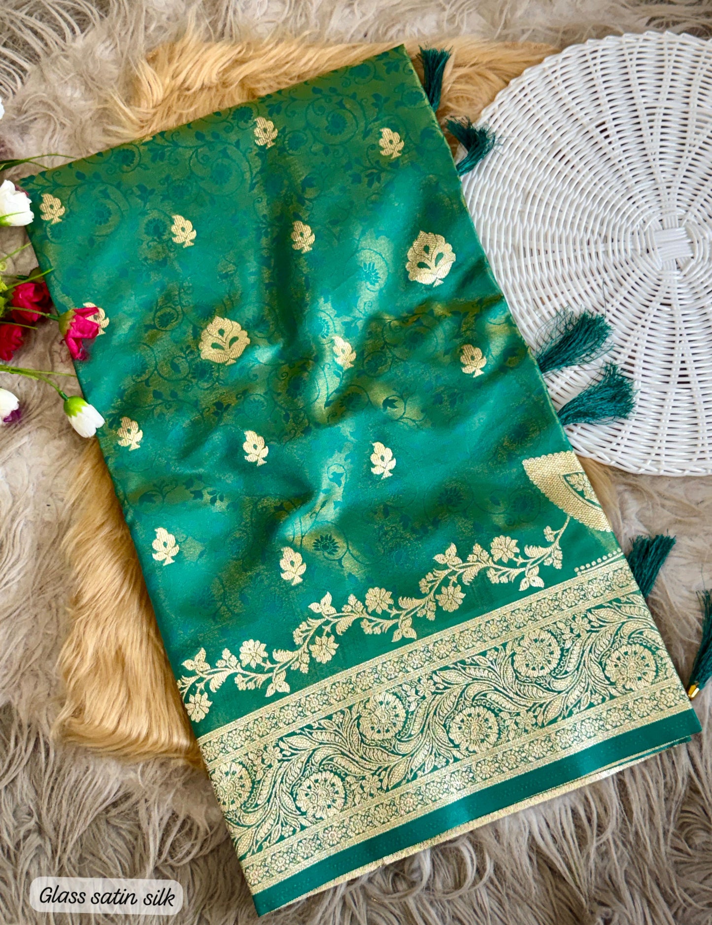 SA-5108 GLASS SATIN SILK FABRIC SAREE WITH FEATURING EXQUISTIE SILVER ZARI WEAVING WITH ELEGANT FLORAL PAISLY MOTIFS AND RICH WOVEN PALLU WITH AND A GRAND DESIGNER BORDER