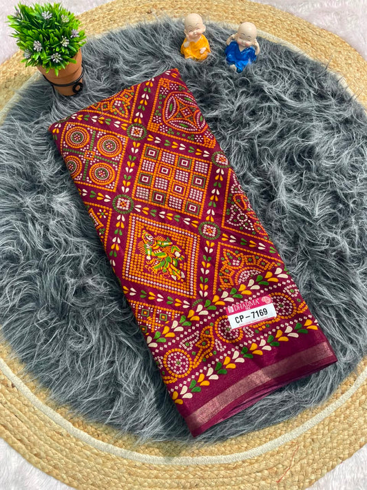 CP-7169 MAL COTTON FABRIC SAREE WITH BEAUTIFUL RICH PALLU DESIGN WITH HEAVY PRINT ON SAREE WITH BLOUSE