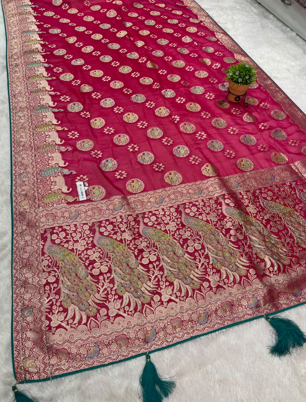 RD-LASSI MEENA-3 VISCOS SILK FABRIC SAREE WITH HEAVY JARKAN WORK WITH RICH PALLU DESIGN WITH MEENAKARI WORK WITH BEAUTIFUL GAJRAJ AND PEACOK DESIGN ALL OVER ON SAREE WITH PIPING AND LATKAN WITH BUTTI BLOUSE
