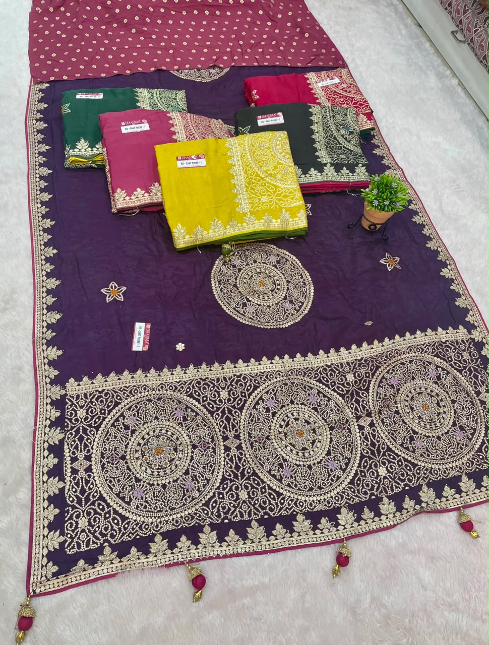RD-SAAT PHERE-7 VISCOS SILK FABRIC SAREE WITH BEAUTIFUL DESIGN WITH RICH PALLU DESIGN WITH HEAVY JARKAN WORK WITH PIPING AND LATKAN WITH BLOUSE