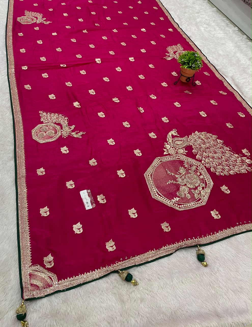 RD-SAAT PHERE-9 VISCOS SILK FABRIC SAREE WITH JARKAN WORK WITH BEAUTIFUL PEACOCK DESIGN ON BODY WITH PIPING AND LATKAN WITH BLOUSE