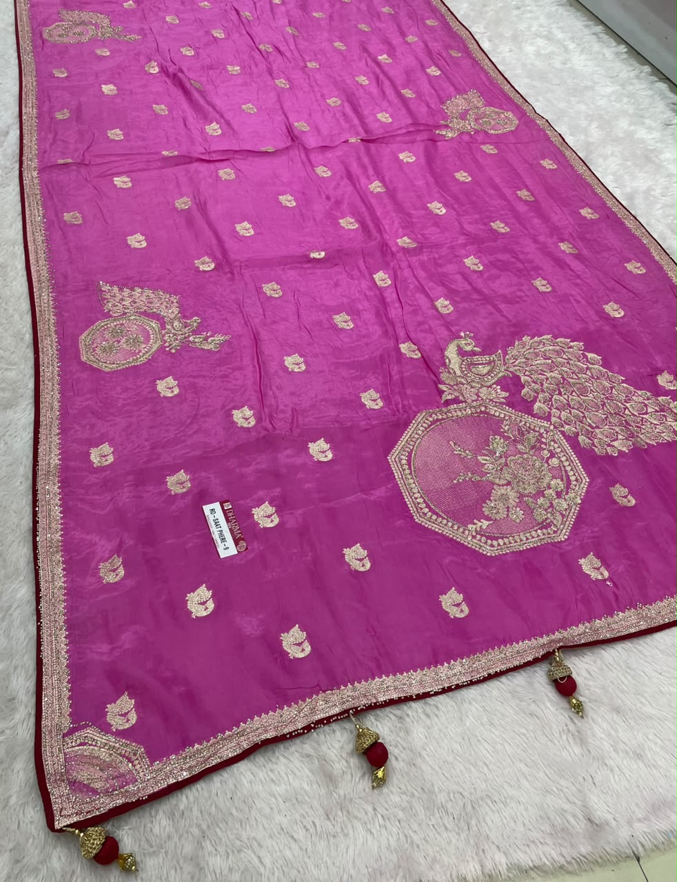 RD-SAAT PHERE-9 VISCOS SILK FABRIC SAREE WITH JARKAN WORK WITH BEAUTIFUL PEACOCK DESIGN ON BODY WITH PIPING AND LATKAN WITH BLOUSE