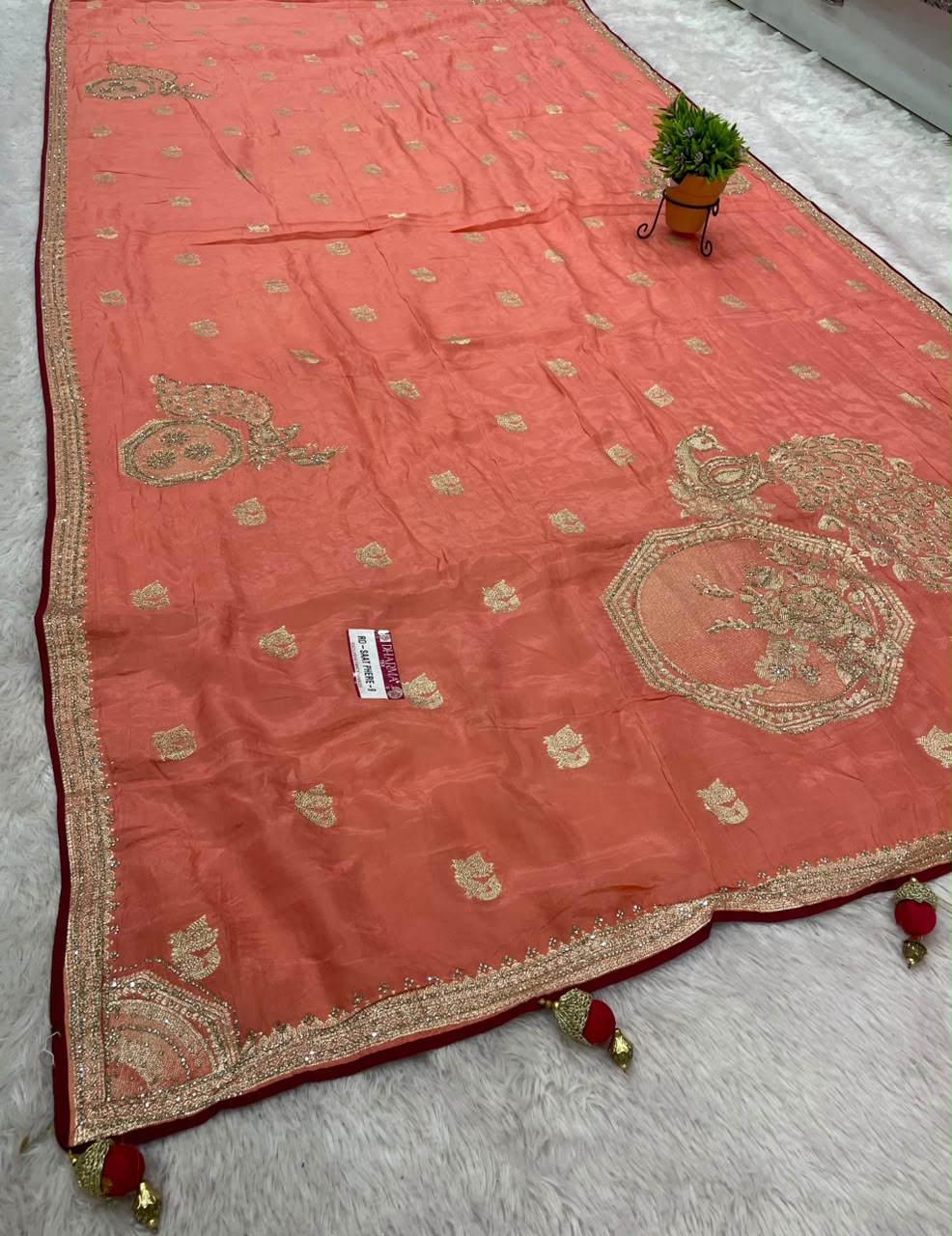 RD-SAAT PHERE-9 VISCOS SILK FABRIC SAREE WITH JARKAN WORK WITH BEAUTIFUL PEACOCK DESIGN ON BODY WITH PIPING AND LATKAN WITH BLOUSE
