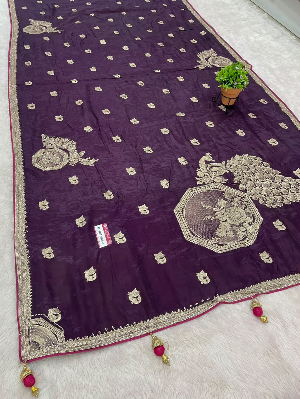 RD-SAAT PHERE-9 VISCOS SILK FABRIC SAREE WITH JARKAN WORK WITH BEAUTIFUL PEACOCK DESIGN ON BODY WITH PIPING AND LATKAN WITH BLOUSE